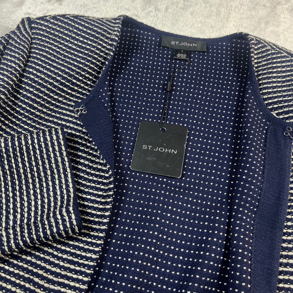 NWT St. John Women's 8 Jacket Navy Silver Metallic Knit Longline Topper K623Q53